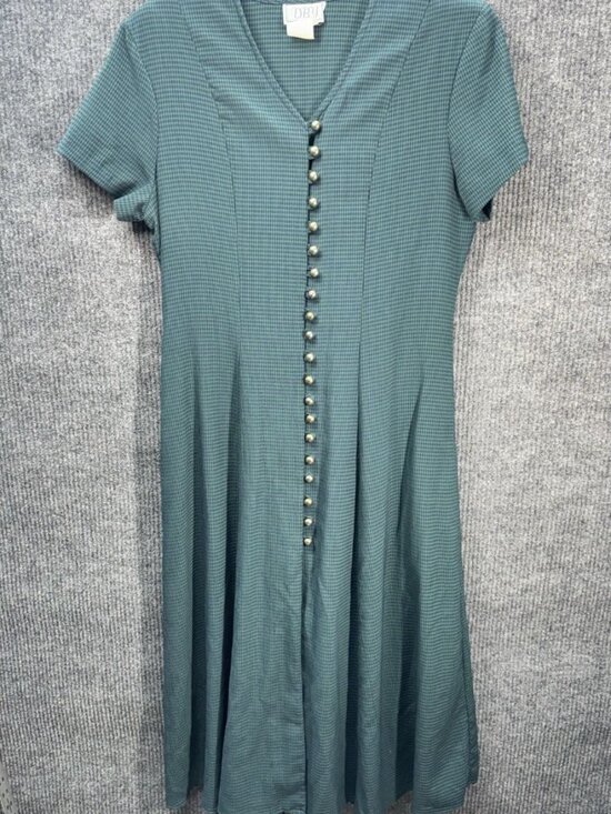 Dby Ltd. Dresses & Skirts - Vintage DBY Dress Womens 11 Green Blue Gingham Midi Sheath Button Front Tie Back